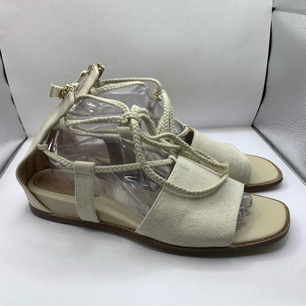 J.JILL EVONNE CANVAS ANKLE TIE WRAP DEMI WEDGE SANDALS in FLAX SIZE 11